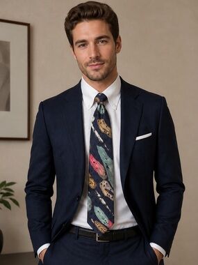 Bugatti Abstract Silk Tie Navy Blue Pink Gold Artistic Pattern Vintage Style